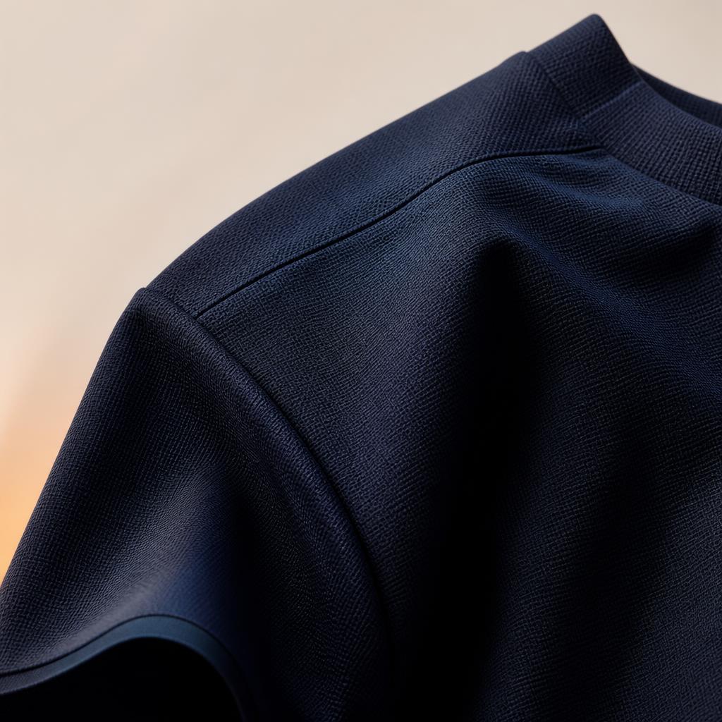 Macro view of a dark navy technical T-shirt